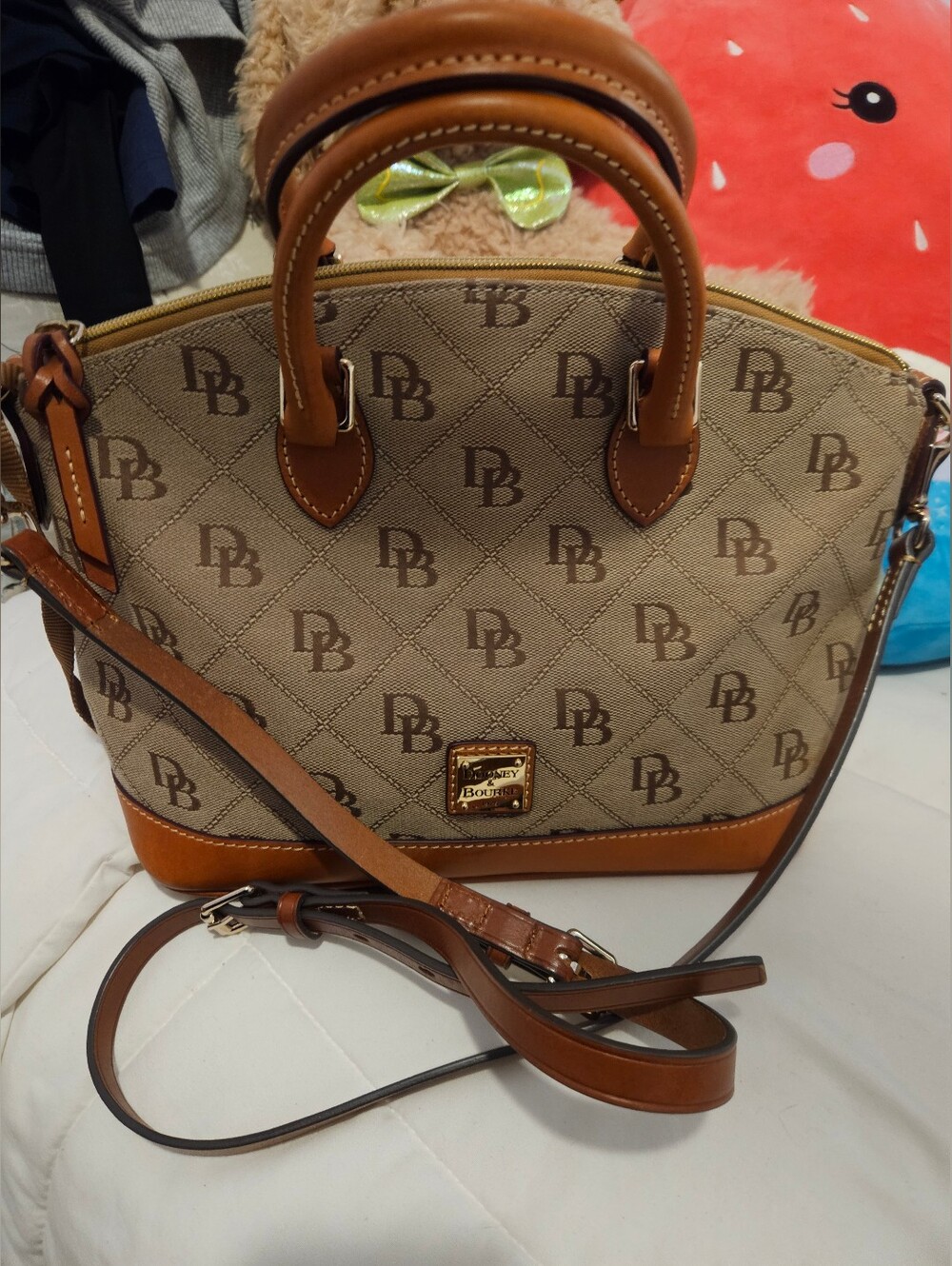 Dooney & Bourke 2-Way Beautiful Tan Genuine Leather Logo-Print Satchel